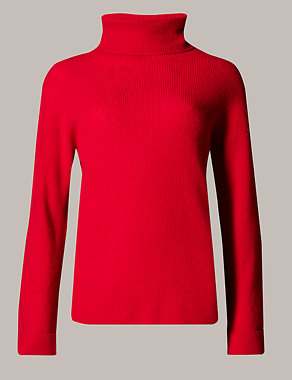 Lambswool Rich Seamfree Ribbed Polo Neck Jumper Image 2 of 3