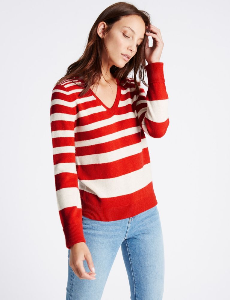 Lambswool Rich Striped V-Neck Jumper 1 of 4