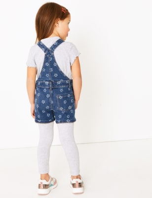 Floral Laser Print Denim Short Dungarees