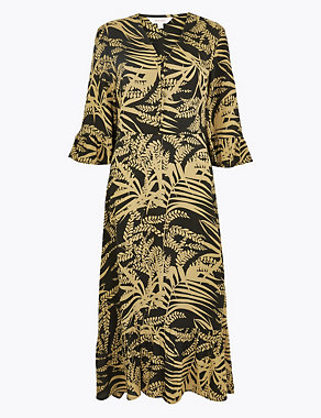 Leaf Print Frill Sleeve Midi Dress Image 2 of 6