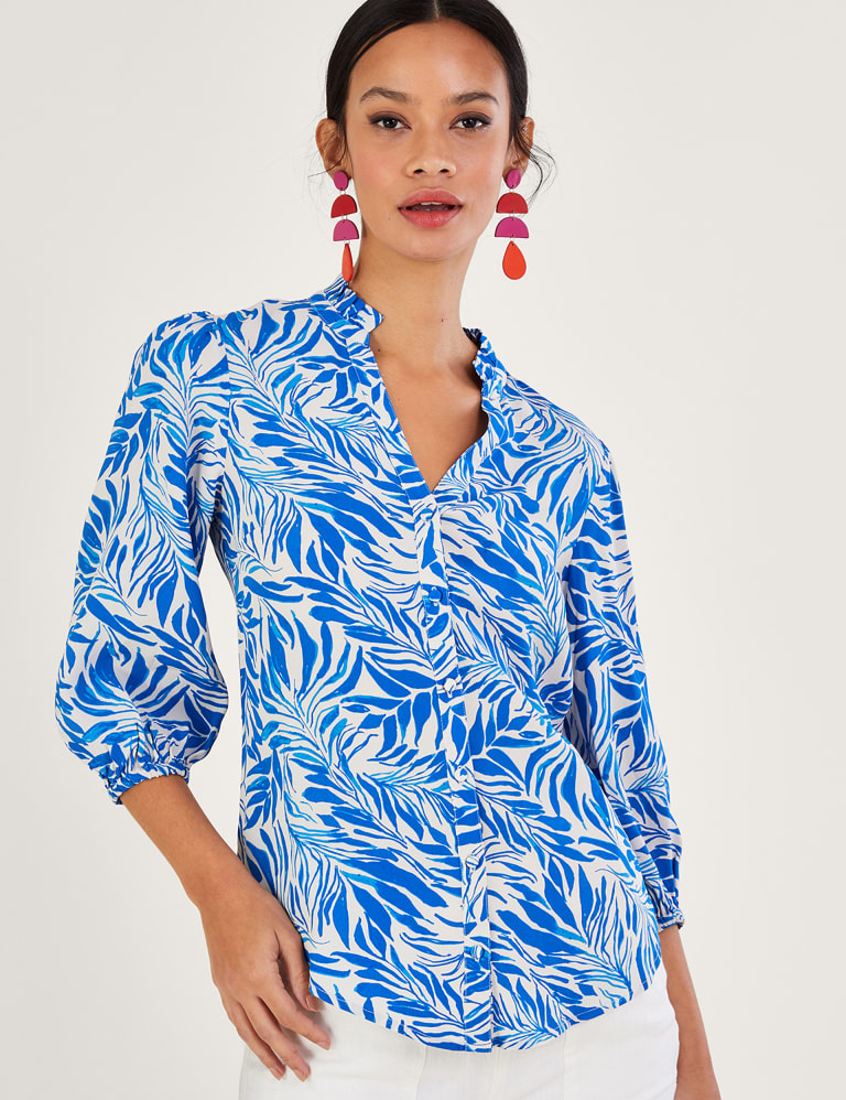 Leaf Print V-Neck Button Through Blouse | Monsoon | Mu0026S