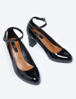 black patent court shoes with ankle strap