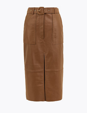 Leather Belted Midi Pencil Skirt Image 2 of 4