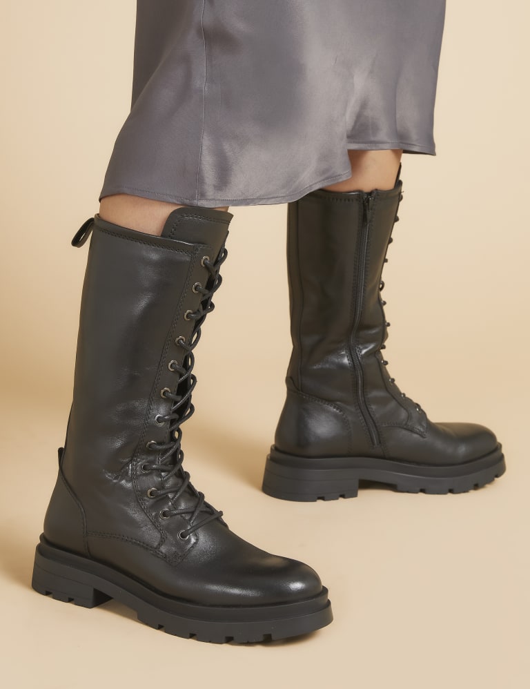Leather Biker Lace Up Block Heel Boots