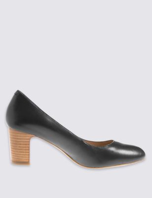 Leather Block Heel Almond Toe Court Shoes Image 2 of 6