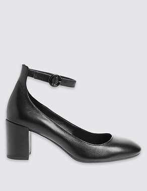 Leather Block Heel Ankle Strap Court Shoes Image 2 of 6