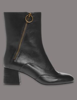 Leather Block Heel Mid Calf Boots Image 2 of 6