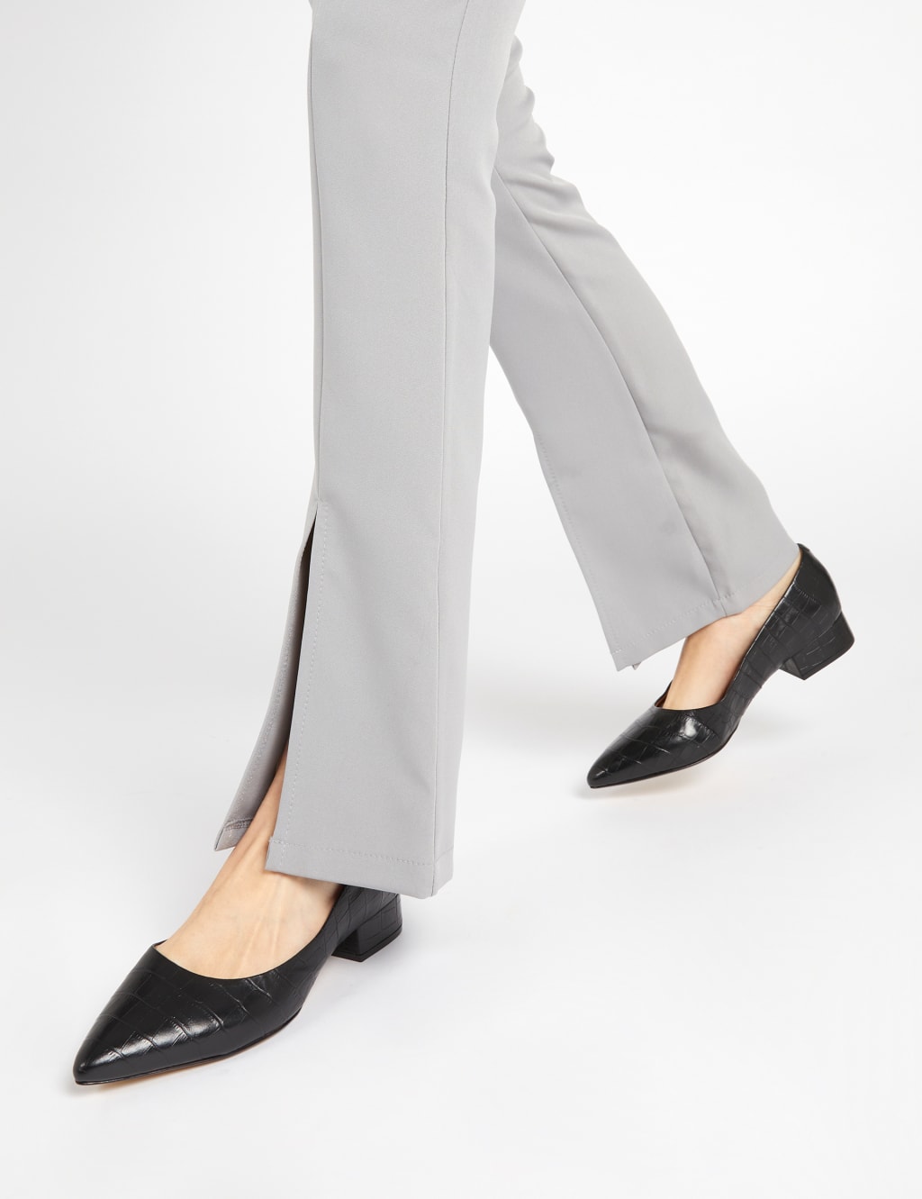 Leather Block Heel Pointed Court Shoes