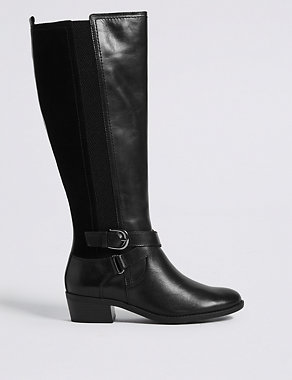 Leather Block Heel Strap Knee High Boots Image 2 of 5