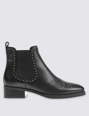 Leather Block Heel Studded Ankle Boots Image 2 of 6