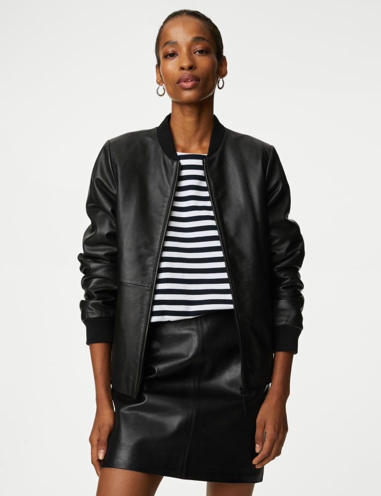 Black leather bomber jacket ladies hot sale