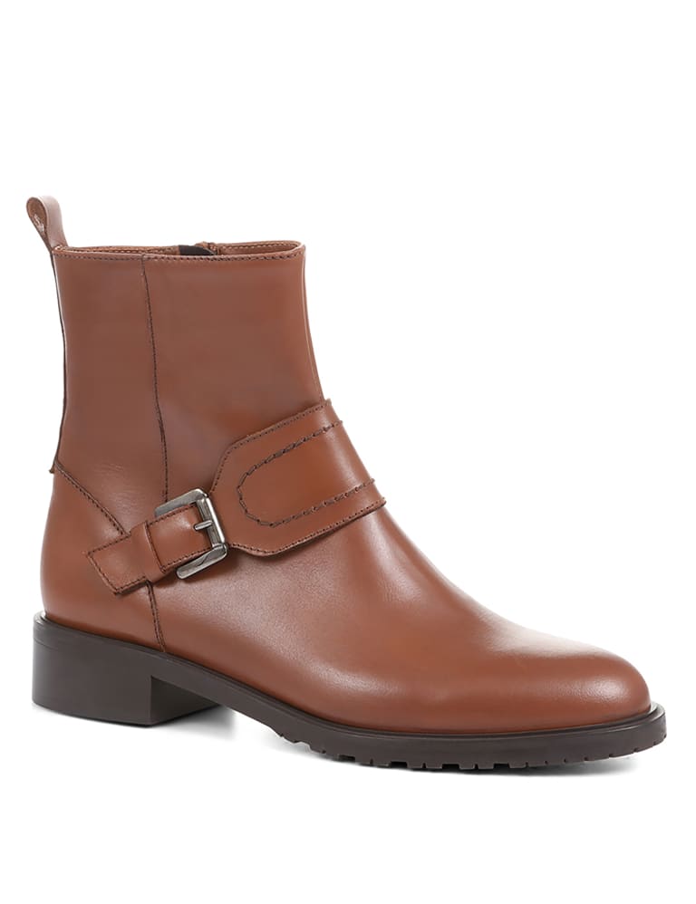 Leather Buckle Block Heel Ankle Boots
