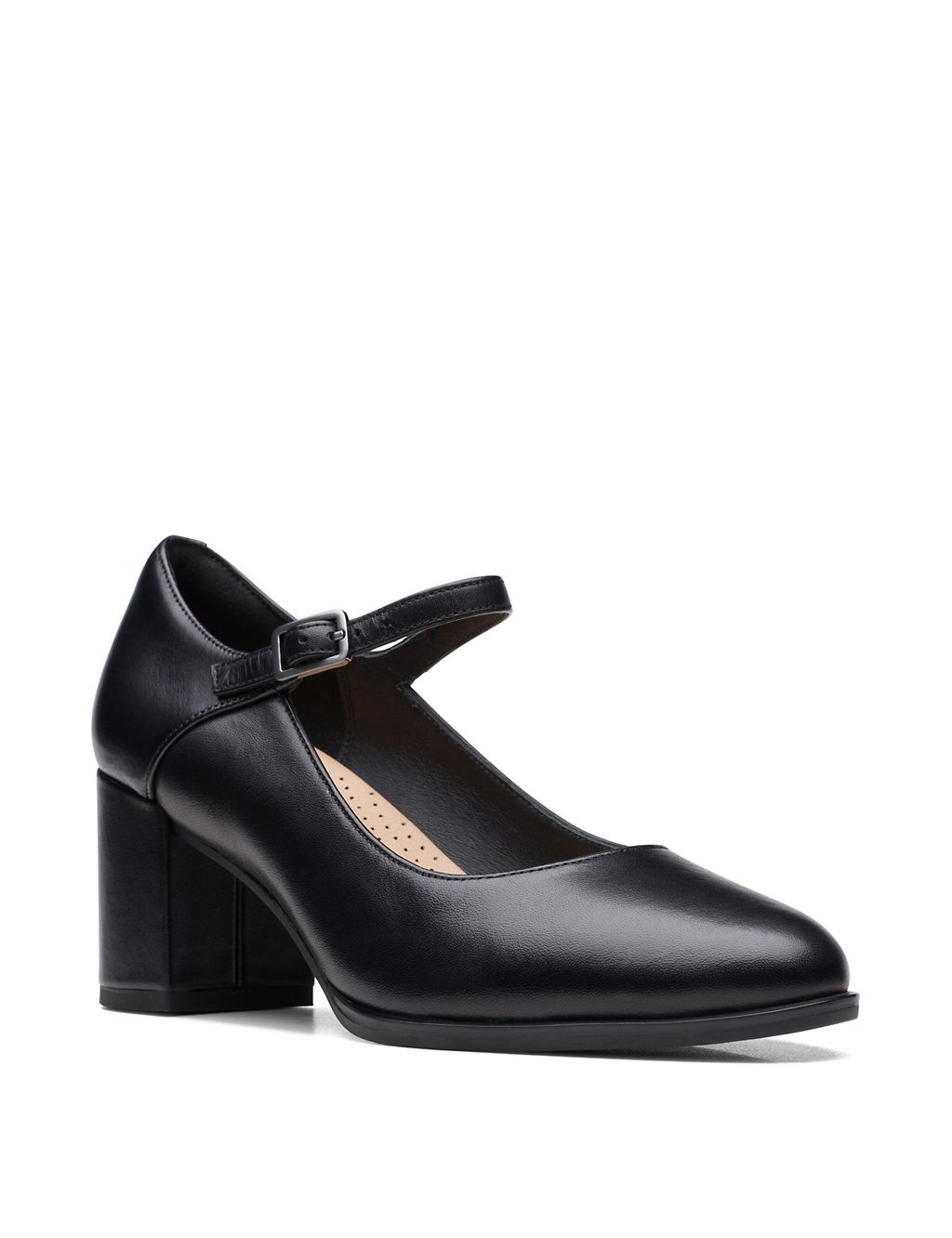 Leather Buckle Block Heel Court Shoes 1 of 7