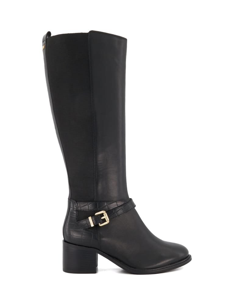 Leather Buckle Block Heel Knee High Boots 1 of 4