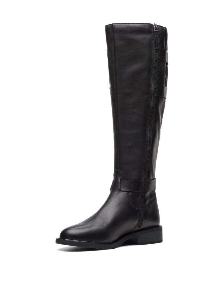 Leather Buckle Block Heel Knee High Boots CLARKS M S