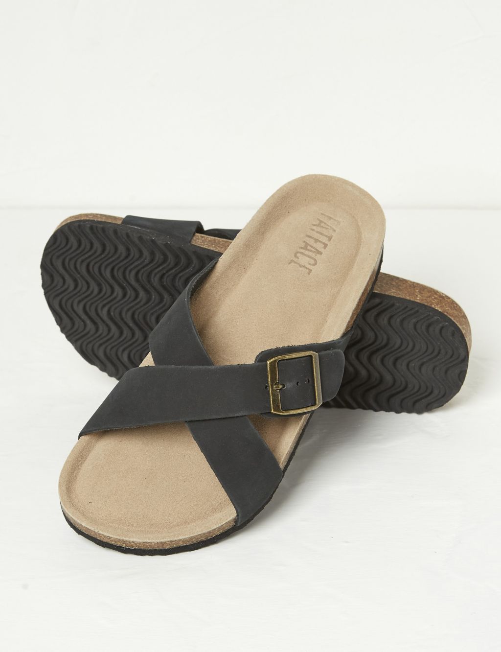 Leather Buckle Crossover Footbed Sliders 1 of 3