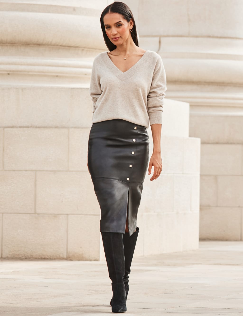 Halogen button front top leather midi skirt