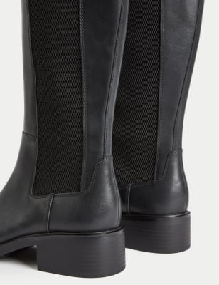 Black leather flat shop knee high boots