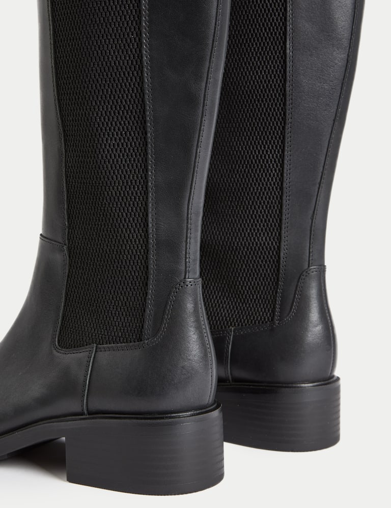 Flat black leather 2025 knee high boots womens