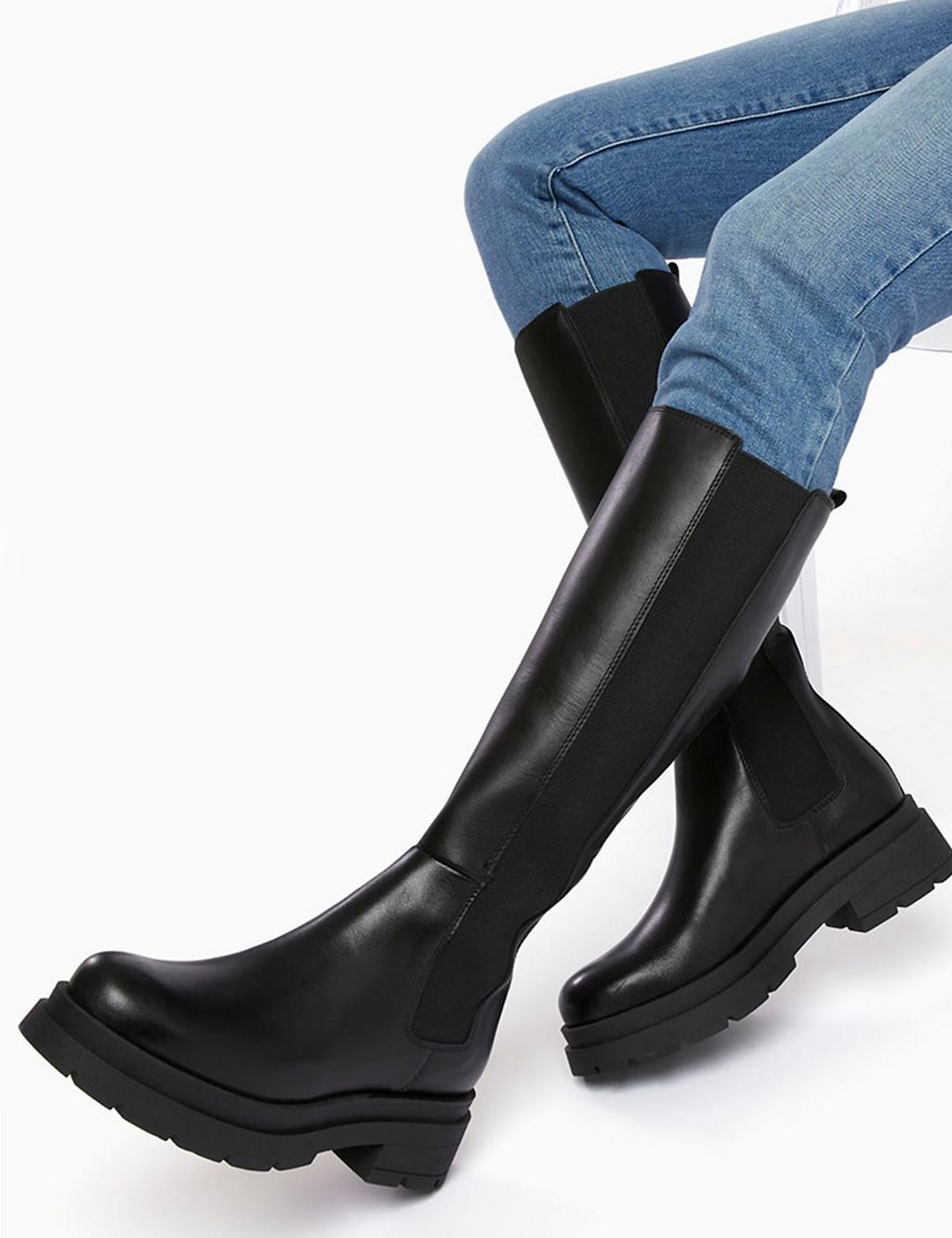 Leather Chunky Flatform Knee High Boots 1 of 2