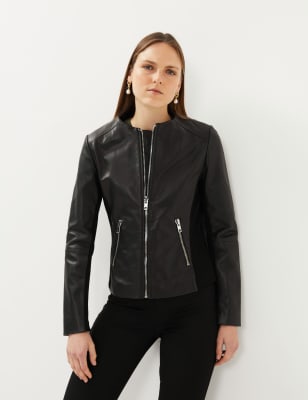 Leather Collarless Biker Jacket Jaeger M S