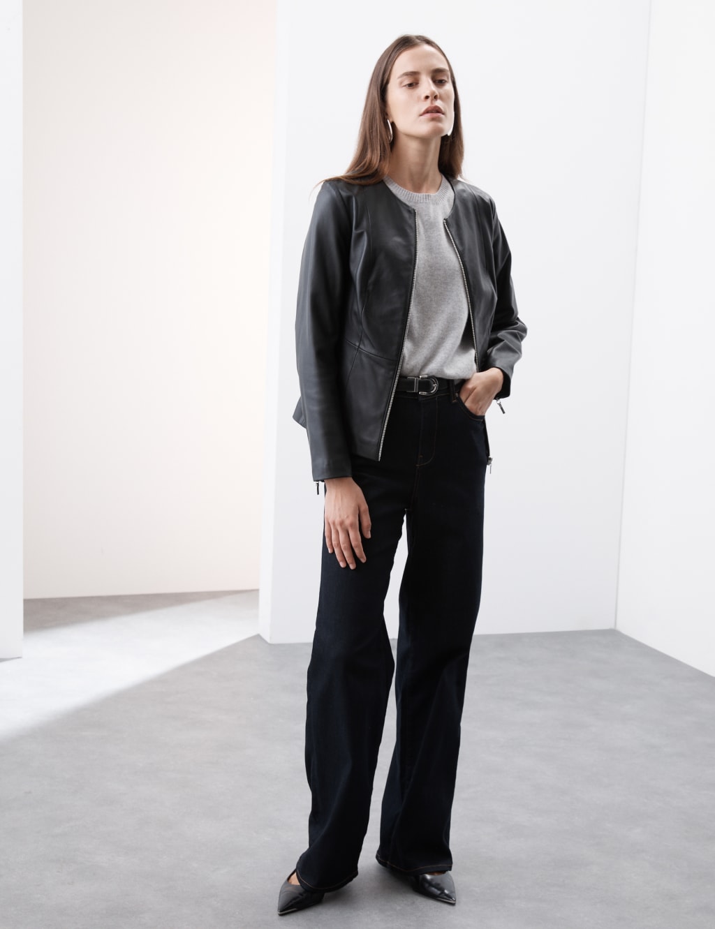 Ladies black collarless leather jacket shop