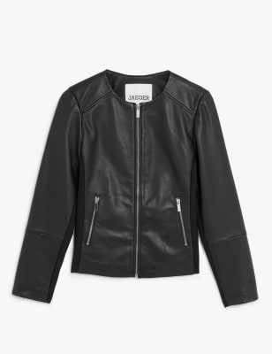 jaeger collarless leather jacket