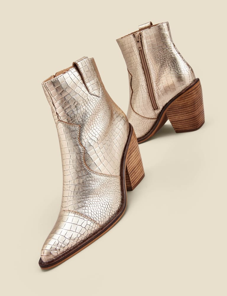 Leather Cow Boy Croc Block Heel Ankle Boots