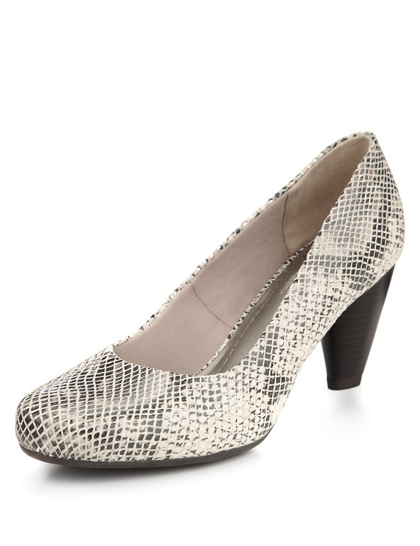 M&S Autograph Court Shoes Neutral SnakeSkin Leather Block Heel with Insolia 