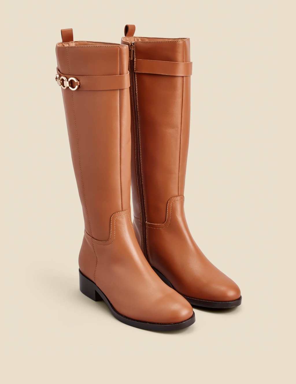 Flat tan knee high top boots