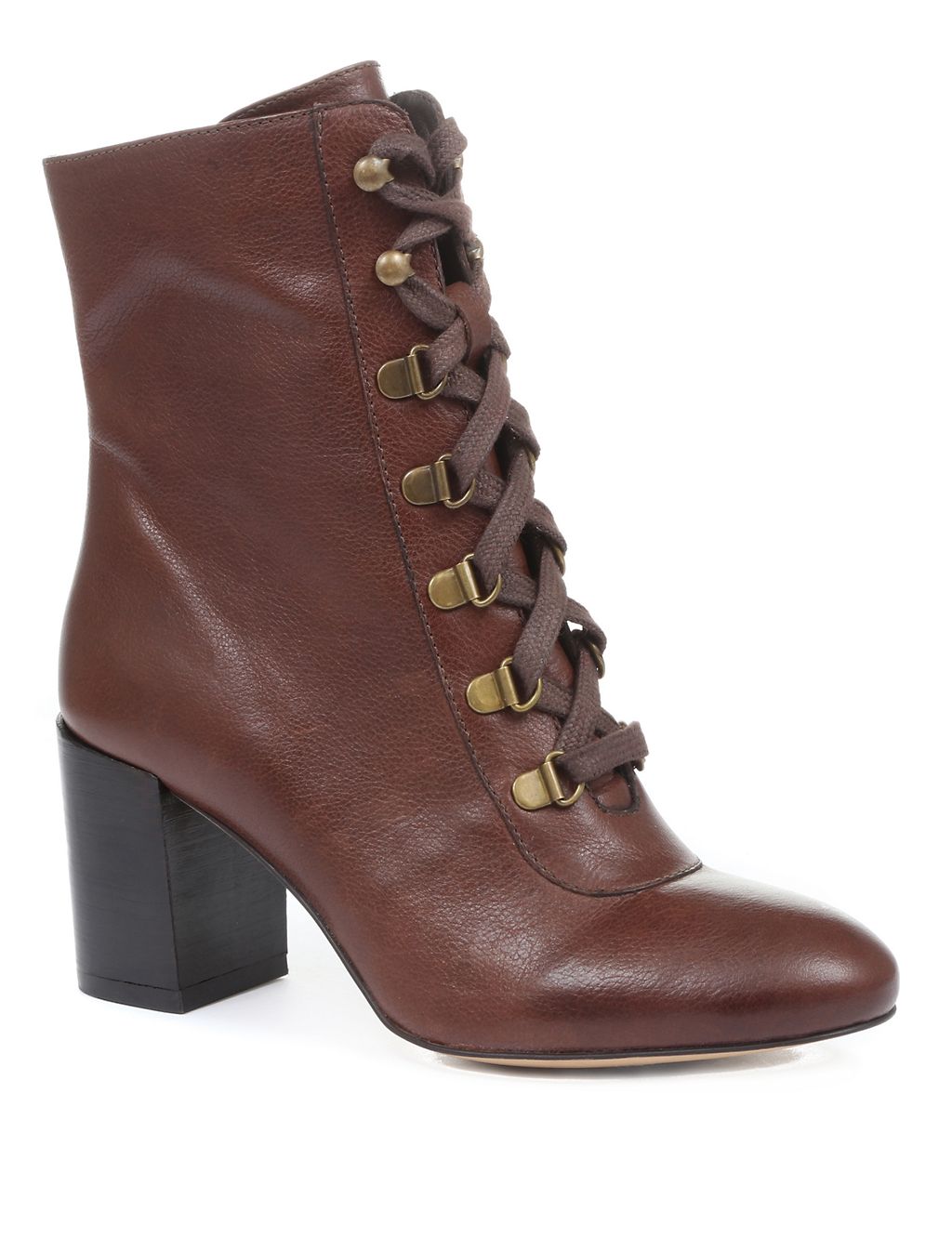 Leather Lace-Up Block Heel Ankle Boots 1 of 6