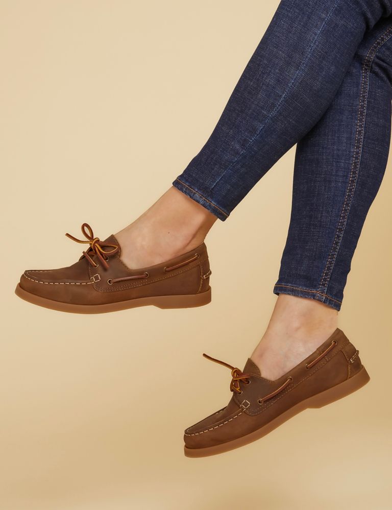 Leather Lace Up Flat Boat Shoes 1 of 7