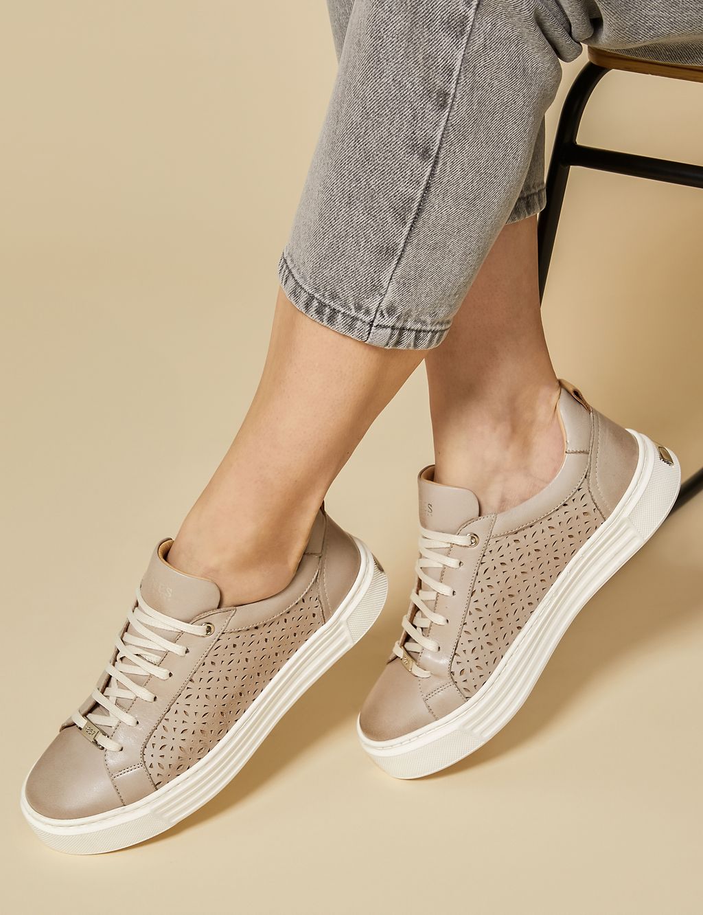 Leather Lace Up Perforated Flatform Trainers 2 of 7