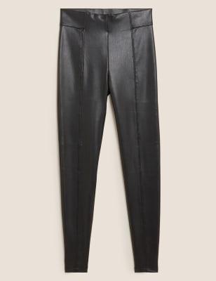 M&S Marks & Spencer Faux Leather Leggings Dark Khaki Size: 12