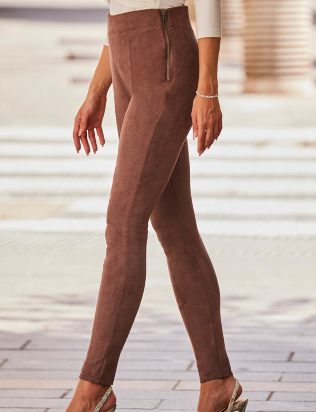 Basic Legging Pants In Petite In Stretch Faux Suede - Dark Chocolate Brown