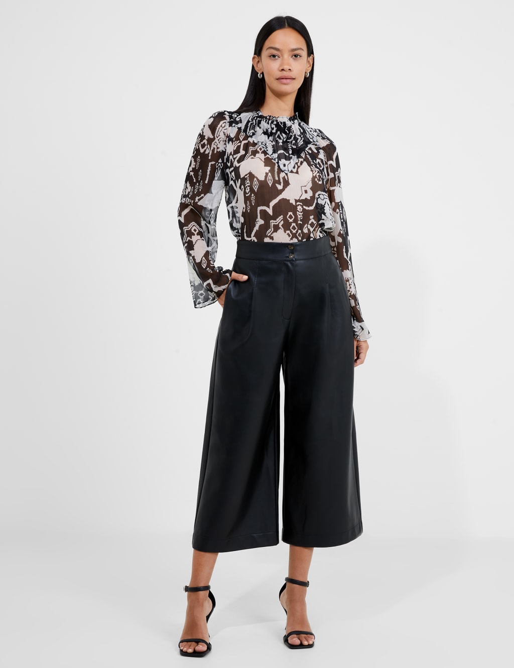 Leather Look Wide Leg Cropped Trousers | French Connection | M&S