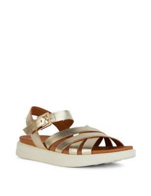 Leather Metallic Ankle Strap Flat Sandals Image 2 of 6