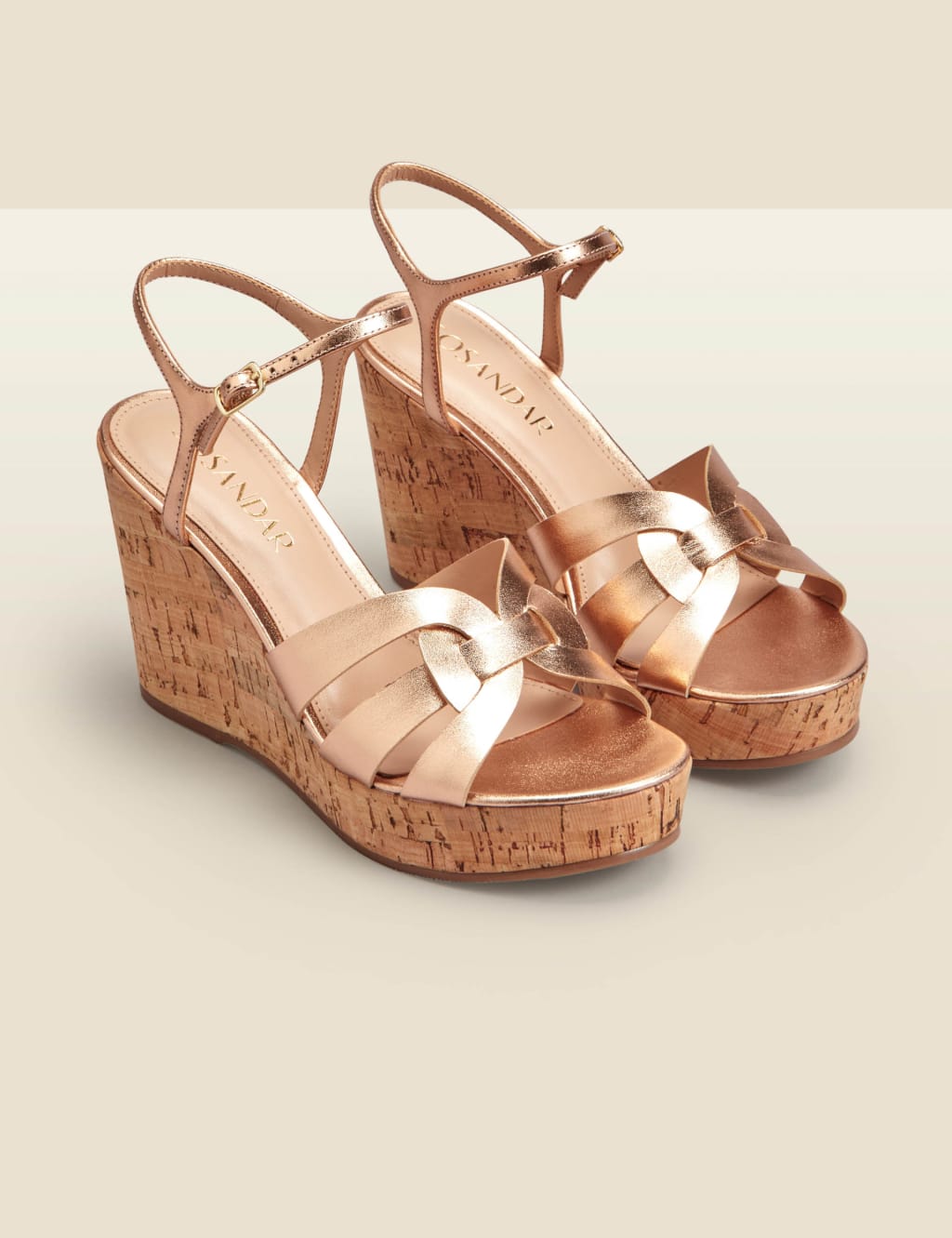 Leather Metallic Ankle Strap Wedge Sandals