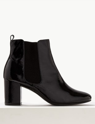 Patent Block Heel Ankle Boots - Black