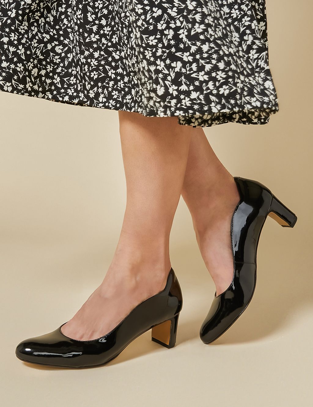 Leather Patent Block Heel Court Shoes 2 of 7