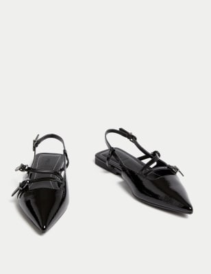 Leather Patent Buckle Flat Slingback Shoes Image 2 of 3