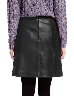 M & S COLLECTION LEATHER QUILTED A-LINE BLACK MINI SKIRT 