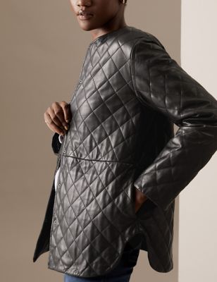 Leather Quilted Collarless Bomber Jacket Marks & Spencer Women Clothing Jackets Leather Jackets 