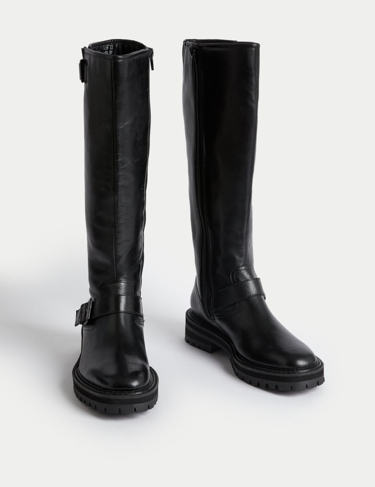 Leather Riding Buckle Flat Knee High Boots