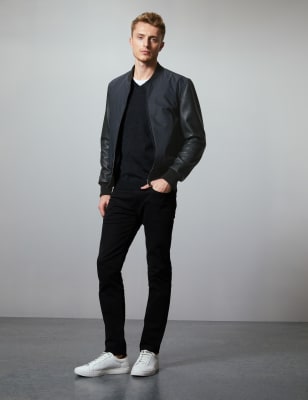 Leather sleeve bomber on sale jacket