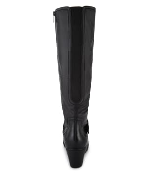 Leather Stretch Zip Ruched Wedge Knee Boots | Footglove™ | M&S