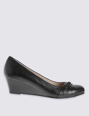 Leather Wedge Heel Pleated Pump Shoes Image 2 of 6