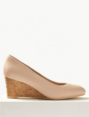 Leather Wide Fit Wedge Heel Court Shoes Image 2 of 5
