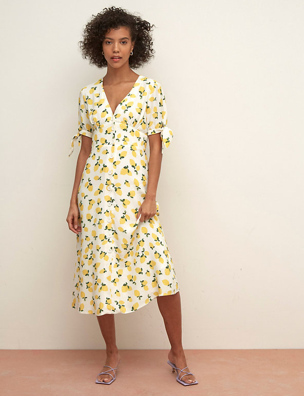 Lemon Print V-Neck Midi Tea Dress ...