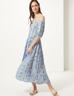 Lemon Print Waisted Midi Dress | Mu0026S Collection | Mu0026S
